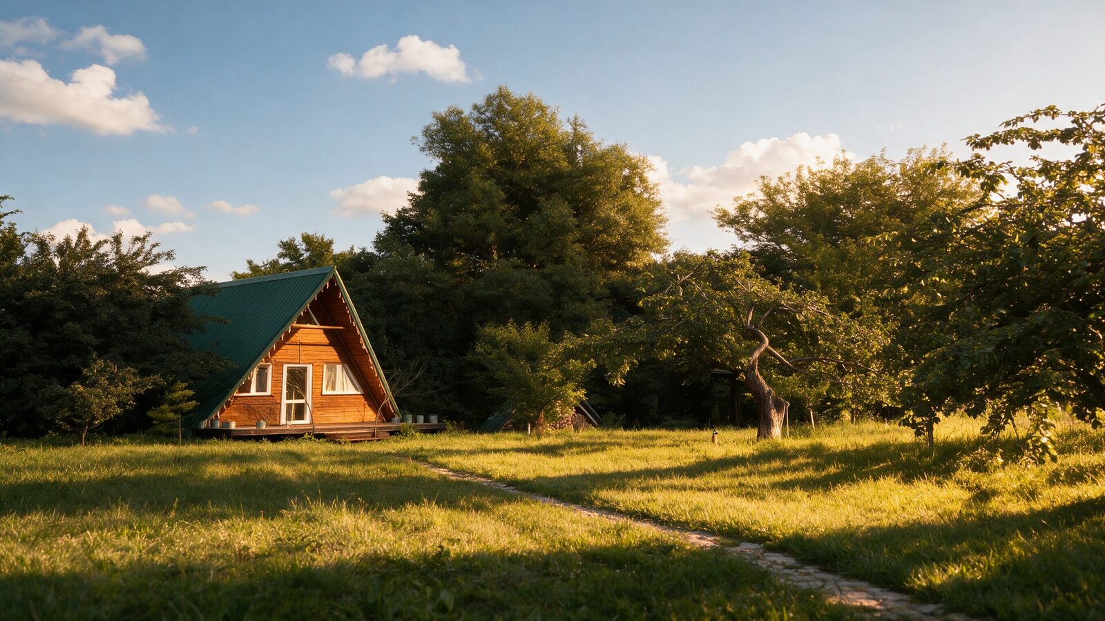 A-Frame шале летом на солнечной поляне